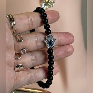 Black Beaded Bracelet with Silver Hamsa Charm